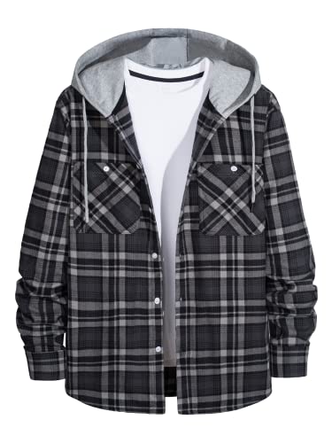 MAGNIVIT Mens Classic Plaid Long Sleeve Hooded Shirts Multi Pockets Thin Cotton Light Jacket Relaxed Fit Casual Outwear