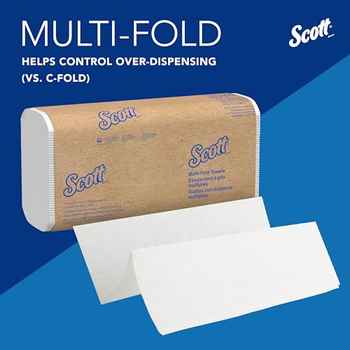 SCOTT PROFESSIONAL Essential Multifold Paper Towels (01804) with Fast-Drying Absorbency Pockets, White, 16 Packs/Case, 250 Multifold Towels/Pack