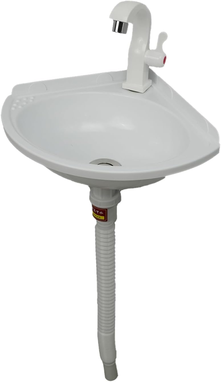 Wall Mounted Plastic Triangle Sink - Compact No Drill Mini Basin for Rv, Camper, Home Use - Multifunctional Portable Single Bowl Corner Washbasin(White)