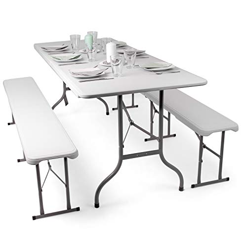 Park Alley Bierzeltgarnitur Gartenmöbel-Set, Festzeltgarnitur aus Kunststoff, Bierbank und Biertisch sind zusammenklappbar, Im Gartengarnitur Set enthalten sind: 2x Bierbank, 1x Biertisch, glatt weiß - 4