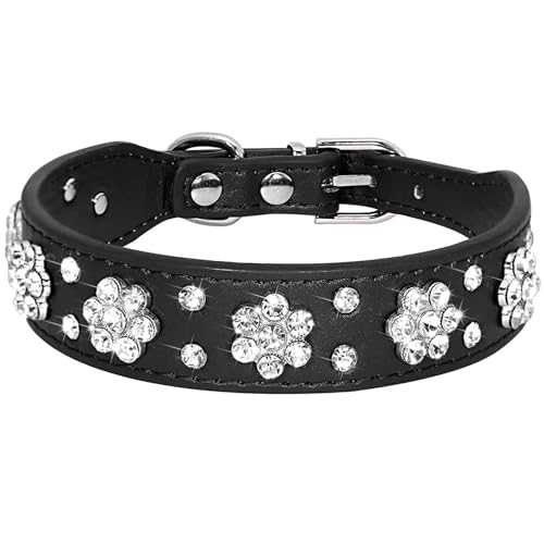 Rhinestone Dog Collar PU Leather Pet Collar Flower Pattern Studded Bling Puppy Collar with Crystal for Cat and Small Medium Dogs (XS: for Neck Girth: 8-10 in, Black)