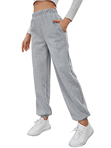 SweatyRocks Calça de moletom feminina elástica de cintura alta para treino e bolso, Cinza, PP