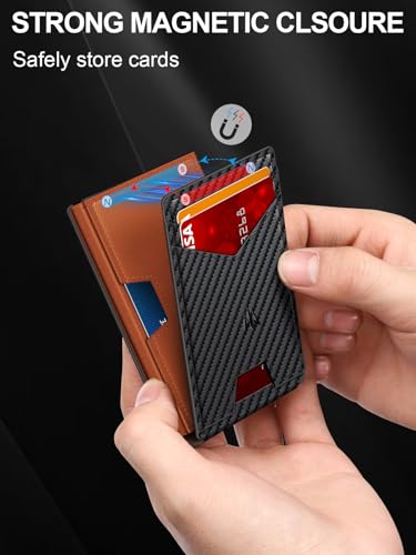 Image of Wallet for Men, Slim Minimalist Wallet with Money Clip＆ID Window, RFID Blocking Pop-Up Credit Card Holder, Smart Auminum Mens Wallet Holds 9-13 Cards (Gift Box) (Carbon Fiber & Orange)