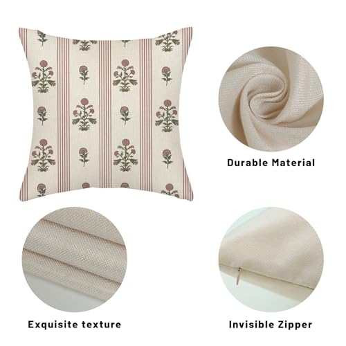 Pink Sage Green Pillow Covers 18x18 Inch Set of 2 Vintage Block Print Floral Throw Pillows Striped Flower Boho Decorative Pillow Cases Linen Outdoor Accent Linen Cushion Cover for Couch Sofa Bed by JEFERSO - Used condition - Image 7