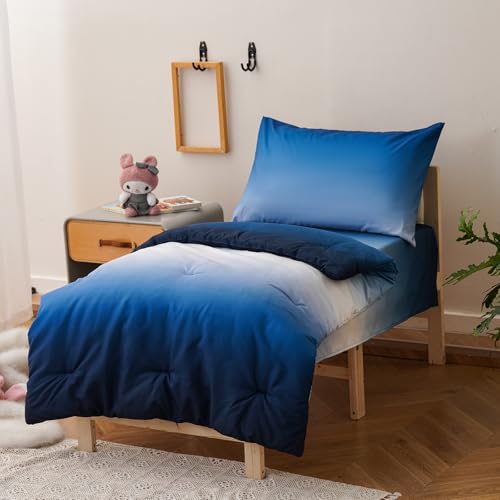 Image of Luxlovery Toddler Comforter Set Graident Blue White Boys Kids Boho Bedding Set Bed Set for Dorm 4 Pieces (1 Comforter, 1 Flat Sheet, 1 Fitted Sheet, 1 Pillowcase)