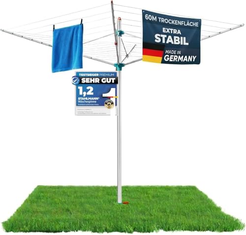 STAHLMANN Wäschespinne draußen [Made IN Germany ] - Wäschespinne[60 M Leinenlänge] inkl. Bodenhülsen mit Deckel - höhenverstellbareWäschespinne aus hochwertigem Aluminium (60 Meter Leinenlänge)