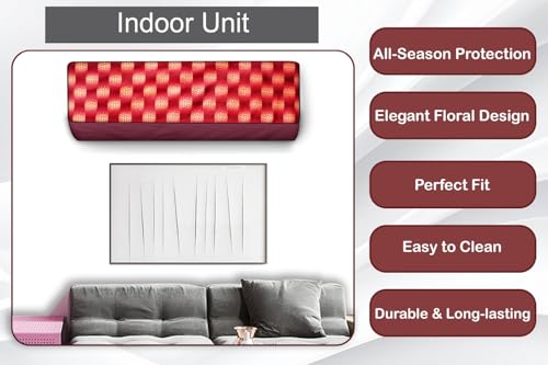 Image of The Furnishing Tree Split AC cover for indoor and outdoor unit of 2 ton waterproof and dustproof Maroon and Yellow different check pattern