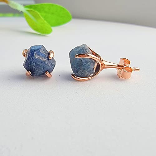 Real raw blue sapphire stud earrings with rose gold over 925 sterling silver, 6 to 7mm rough genuine quality september birthstone gift for her, Uniquelan Jewelry (blue-sapphire)4