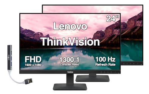 Image of Lenovo ThinkVision 24 inch FHD IPS Monitor w / 100 Hz Refresh Rate, VESA Mount | 4ms Response Time, Flicker Free, Anti-Glare, HDMI & Dockztorm USB Port Expander, Black 2 Pack