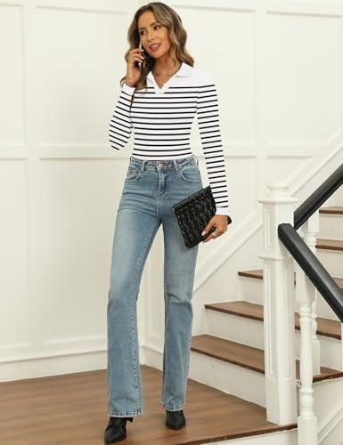 Image of Rapbin Women's V Neck Long Sleeve Ribbed Knit Pullover Sweater Slim Fitted Casual Basic Tee Tops