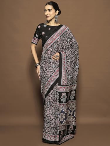 Image of AKHILAM Women's Soft Dola Silk Ajrak Printed Ready To Wear one Minute Saree With Unstitched Blouse Piece