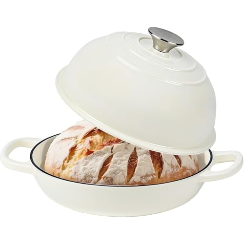 Quintin Enameled Cast Iron Bread Oven, Dutch Oven Pot with Lid, 6 Quarts 26cm Bread Dutch Oven for Sourdough Bread Baking, 6 Quarts Bread Pan with Dome Lid, Non-stick Cookware for Homemade Bread (White)