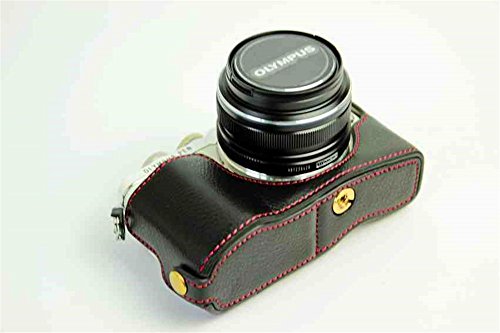 E-Pl7 Case, Bolinus Handmade Genuine Real Leather Half Camera Case Bag Cover For Olympus Pen E-Pl7 E-Pl8 Epl7 Bottom Opening Version + Hand Strap -Black #TOP6