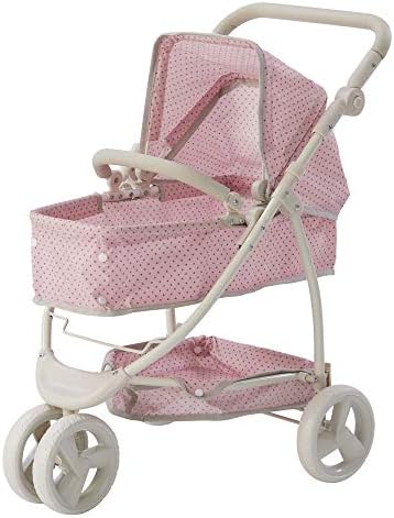 Olivia's Little World Baby Doll Stroller Polka Dots Princess Collection, Convertible Doll Pram with Storage Basket for 18" Dolls, 2-in-1 Baby Doll Stroller, Pink & Gray