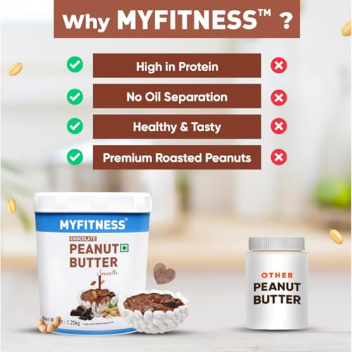 MYFITNESS Peanut Butter Chocolate Flavour, Smooth 1.25kg | 22g Protein | Tasty & Healthy Nut Butter Spread | Vegan | Cholesterol Free & Gluten Free | Zero Trans Fat | Creamy Peanut Butter