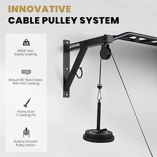 LIONSCOOL Multifunctional Wall Mounted Pull Up Bar with Pulley System, 48 and 16/24 Multi-Grip Chin Up Bar, Cable Pulley Attachments Included, Perfect for Upper Body Workouts