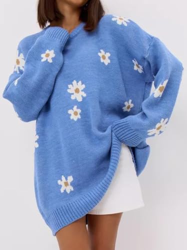 Daisy Knit Sweater for Women Flower Prints Long Sleeve Round Neck Lightweight Loose Pullover Sweater Tops4