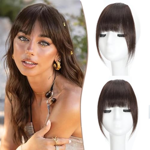 Clip in Fringe - Bangs Hair Clip in Bangs 100% Real Human Hair Extensions clip on air bangs for Women Fringe with Temples Hairpieces Curved Bangs (Dark Brown French Bangs)