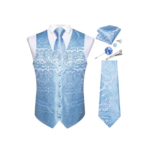 Image of DiBanGu Mens Vest and Tie Set Formal Paisley Waistcoat and Necktie Pocket Square Cufflinks Silk Suit Vest for Tuxedo Wedding