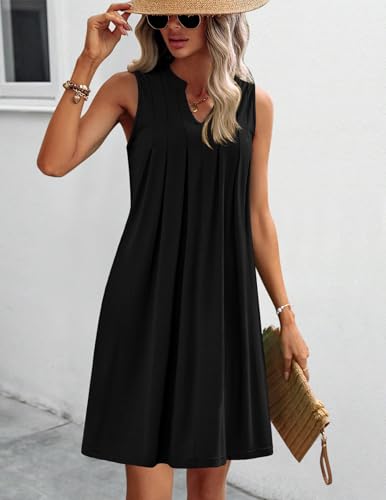 HOTOUCH Women Casual A-Line Dress with Pockets 2024 Sleeveless V Neck Pleated Sundress Loose T-Shirt Work Office Dresses2