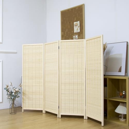 4 Panel Short Panel Divider Screen,3.95 FT Tall Bamboo Room Divider Folding Privacy Screen,Short Panel Divider Freestanding Room Divider for Room Seperation,Beige