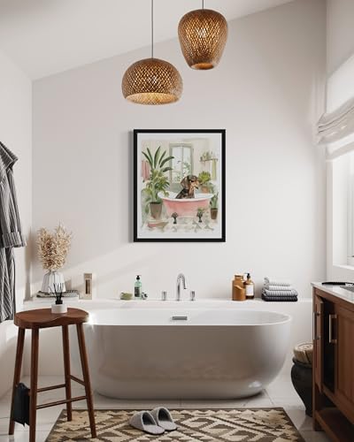Image of Dachshund in Bathtub Black Framed Wall Art Poster Print, Animal Bathtub Restroom Wall Art Painting for Bathroom Decor Gallery Gallery 30 (Dachshund in Bathtub, 10 inch L x 8 inch W, Black Frame)