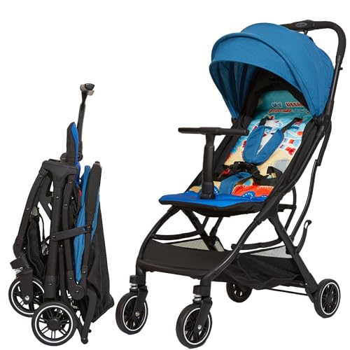 Image of Cool Kids Superb Lightweight Travel Stroller, Compact One-Hand Fold Buggy | Need an airplane approved toddler stroller? Slide folded blue cow pram like rolling luggage through airport security.