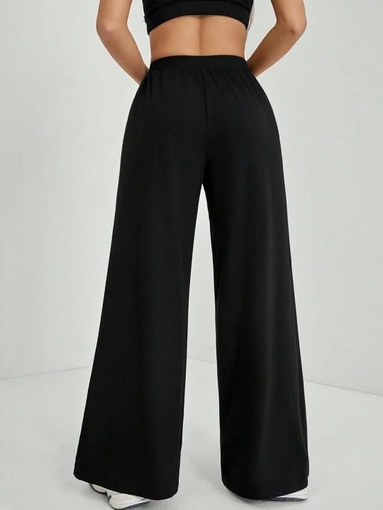 Image of Women's Casual Black Straight Fit Pants | Soft Pants with Adjustable Drawstring & Side Pockets
