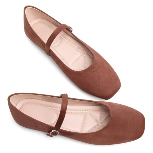 Image of TN TANGNEST Leather Flats for Women Retro Mary Jane Flats | Comfortable Square Toe Slip On Flats with Buckle Strap, Soft Work Flats Office Shoes