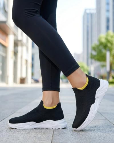 Womens Slip On Walking Shoes, Casual Sneakers Lightweight Breathable Athletic Gym Tennis Shoes Black White