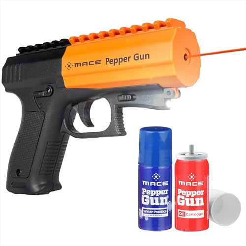 Mace Pepper Spray Gun - 20 Feet Range, Includes Pepper Spray & Inert Water Cartridge Set, Max Strength 10% OC Formula, Long Lasting UV Dye, LED Strobe, Self Defense Pepper Gun Pistol for Women & Men