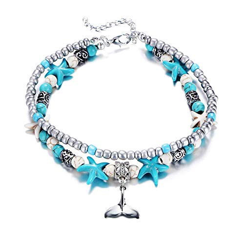 Image of Softones Blue Starfish Turtle Anklet Multilayer Charm Beads Sea Handmade Boho Anklet Foot Jewelry for Women