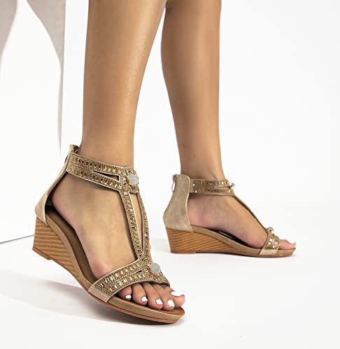 Fralosha Wedge Sandals For Women Open Toe Casual Summer Roman High Heel Breathable Beach Sandals Gold 9 #TOP1