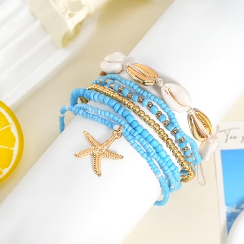 Image of 7 Pack Boho Beaded Shell Anklet Bracelets for Women Colorful Stretch Cowrie Seashell Starfish Ankle Bracelet Stack Adjustable Summer Beach Accessories Cute Hawaiian Jewelry