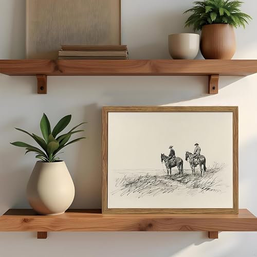 Image of Framed Western Wall Art, Cowboys on Horses Sketch Picture Print, Western Wall Decor, Vintage Country Farmhouse Western Cowboys Canvas for Living Room Bedroom Home 8x10 inch