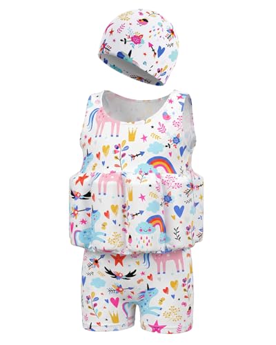 Image of DivingBirds Toddler Floatie Swimsuit with Hat for Boys Girls, Sleeveless Swim Suit with Floatation, 1-6Y