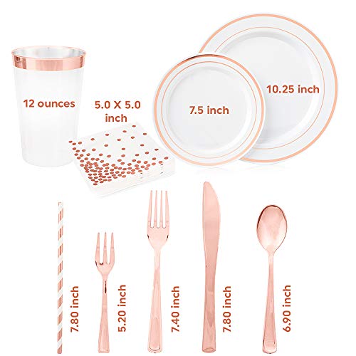 Sirsimon 250 Piece Disposable Rose Gold Plastic Dinnerware Set - 50 Rose Gold Plastic Plates - 25 Rose Gold Plastic Silverware - 25 Rosegold Cups And Straws - 50 Fancy Napkins, Wedding Or Party Of 25 #TOP5