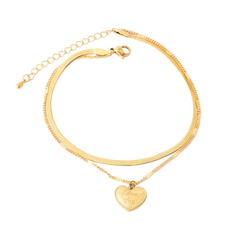 Tobillera/Tobilleras Moda joyería de Gama Alta Tallado Amor en Forma de corazón Encanto 2 Capas Serpiente Hueso Cadena Tobillera para Mujer Pulseras de Tobillo