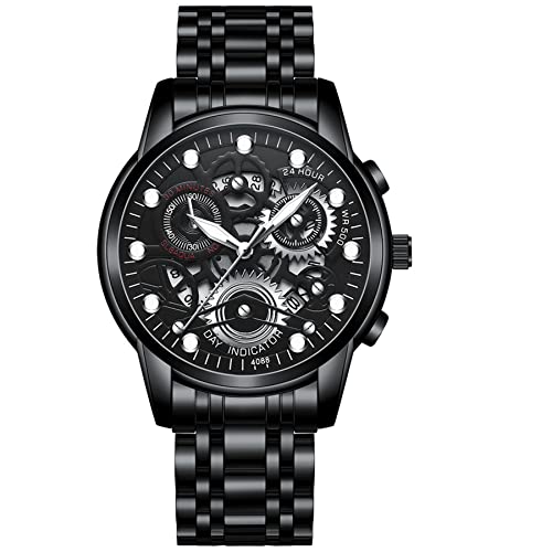 Avaner Men's Wrist Watch Stainless Steel Skeleton Quartz Watch with Luminous Hands