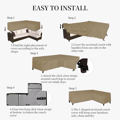Image of Easy-Going Patio L-Shaped Sectional Sofa Cover, 110 inchX85 inch Waterproof Heavy Duty Outdoor Garden Furniture Cover (Right Facing, Camel)