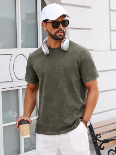 Runcati Mens Short Sleeve T-Shirts 100% Cotton Heavyweight Casual Crew Neck Shirt Vintage Acid Wash Summer Tees Army Green - Image 4