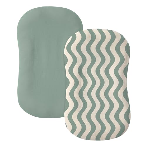 Image of guruixu Muslin Baby Lounger Cover 2 Pack, 100% Cotton Infant Lounger Cover, Soft & Breathable Replacement Slipcover, Compatible with Snuggle Me Newborn Lounger (Roman Green,Green Wave)