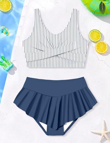 Image of Qaoerde Girls Swimsuit Tropical Print Bikini Set with Ruffle Hem Two Piece Criss Cross Bathing Suits for Girls 7-16 Years