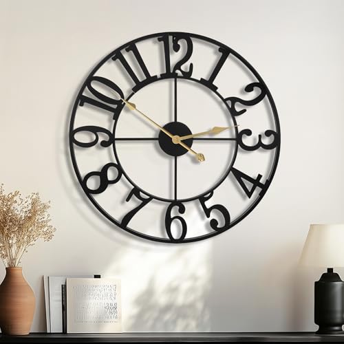 HAITANG Große Wanduhr im Vintage-Stil, rund, Metall, Nearly geräuschlos, Fast Nicht tickend, batteriebetrieben, 40cm,47cm,60 cm, römische Ziffern, Uhren für Wohnzimmer, Schlafzimmer, Küchendekoration