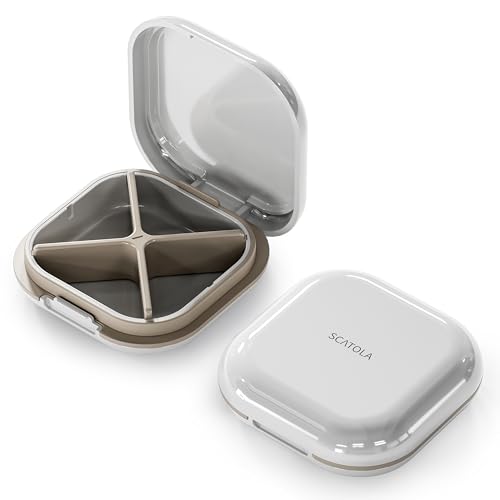 ONTERATE Small Pill Case Travel Pill Box Portable Pill Organizer Pill Container for Pocket 4 Compartments Daily Compact Travel Medicine Holder for Vitamins Medication (White Grey)