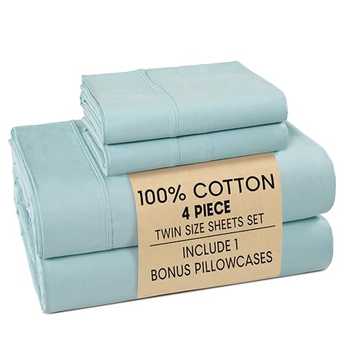 Casa Platino Twin Sheets Sets 100% Cotton Twin Sheets Cooling with 2 Pillowcases 15 Deep Pocket Fitted Sheet Crisp & Smooth Feel Ultra Soft & Cozy Fit Blue Sky