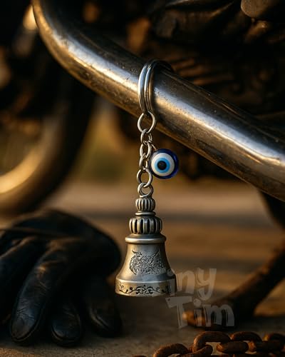 Image of Tiny Tim Guardian Bell with Evil Eye Charm - Protective Motorcycle & Car Accessory - Tibetan-Inspired Design - Wards Off Negative Energy - Ideal Gift for Bikers & Travelers
