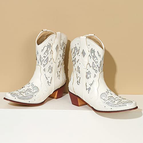 FIFSY Rhinestone Mid Calf Cowboy Boots Sequin Glitter Chunky Heel Booties Short Western Cowgirl Vintage Boots2