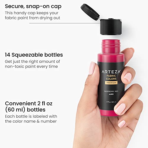 ARTEZA Fabric Paint for Clothes, Set of 14, 2 fl oz Bottles, Washable Acrylic Textile Paint, Art Supplies for Drawing on T-Shirts, Denim, Cotton, Linen, and Mixed Fabrics