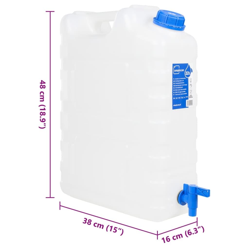 Depósito de agua con grifo, 20 L, transparente, plástico HDPE, apilable, con gran apertura de llenado y asa para camping, exterior, emergencia y almacenamiento
